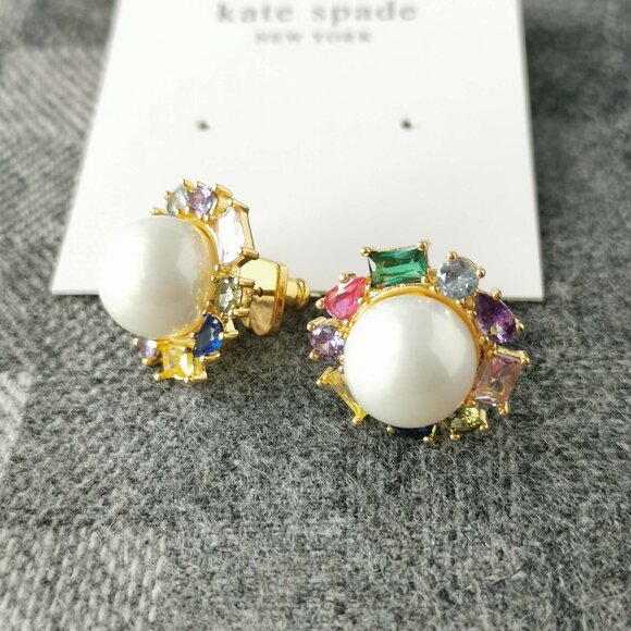 Authentic Kate Spade Candy Shop Gold Pearl Multi Crystal Halo Stud Earrings - Picture 3 of 3